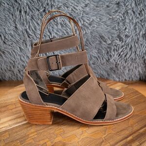 Size 8.5 - M4DE Sage Sandals Brown Leather Suede Ankle Buckle Strap Block Heel